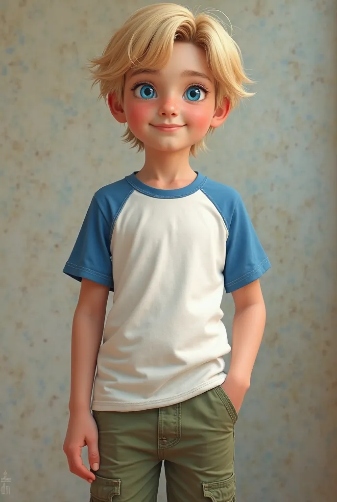 Blue-eyed blond American boy, thick-textured in a hyper realistic style. Are you in a school, he has a white t-shirt with blue sleeves and collar and khaki green shorts