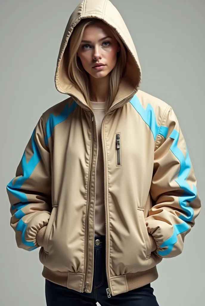 a beige boseto jacket with a hood and sleeves with blue lightning 