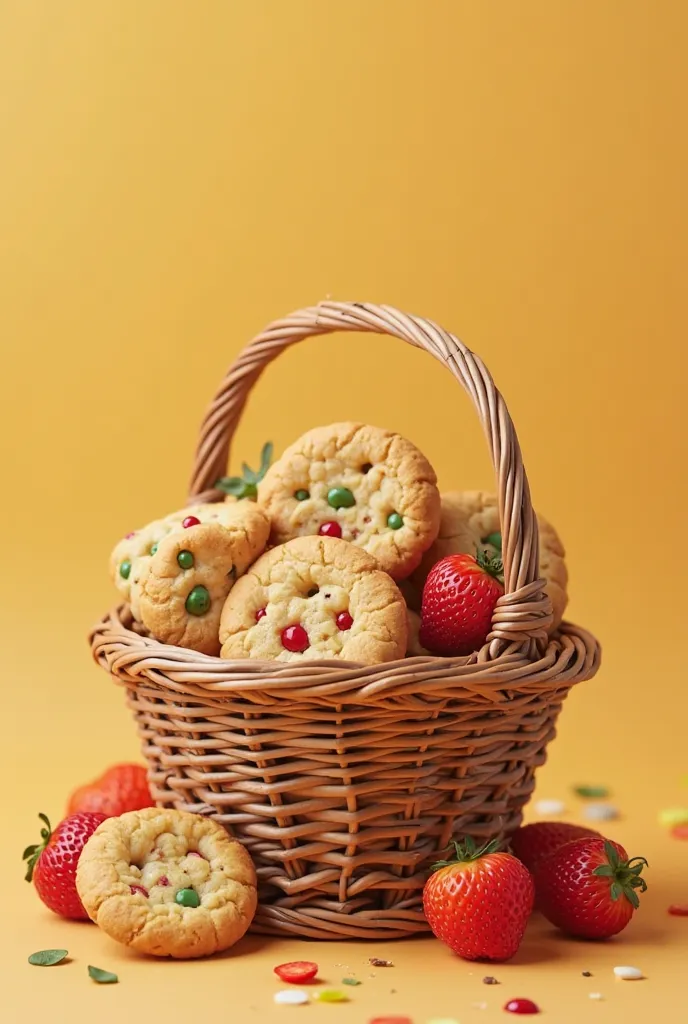 Logo of a business product which sells bite-sized snacks particularly cookies that is made of fruits and vegetables. It should be cookies that people can see that the flavor is fruits and vegetables and put it in the basket And it should be a business logo...