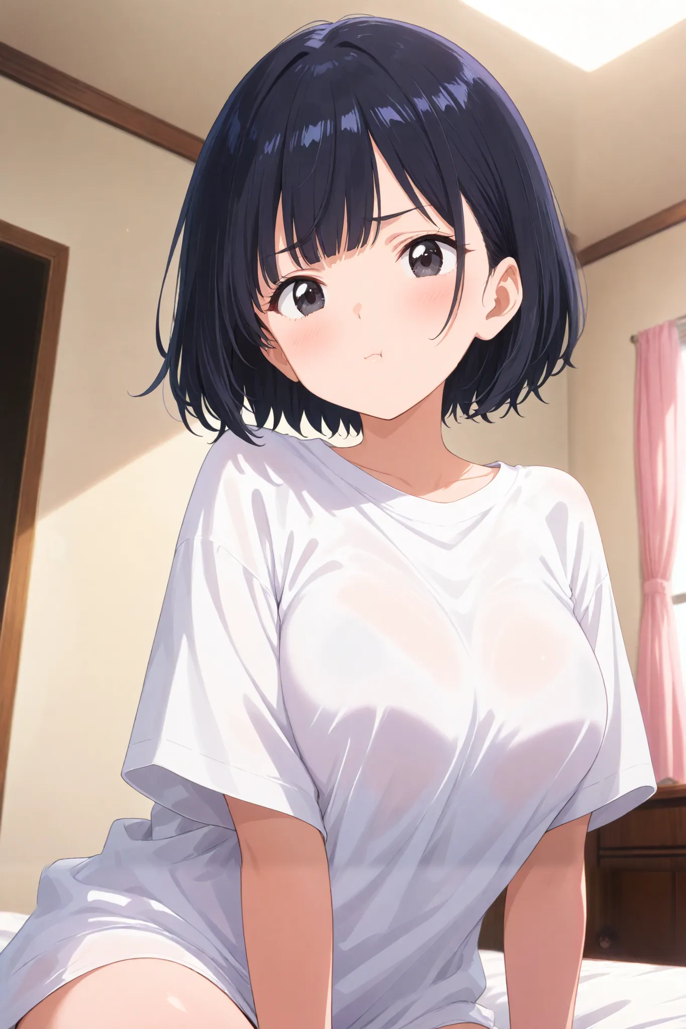 A Anime girl with a beautiful black short hair with bangs, curtain bangs, Black eyes, closed mouth, pout face, perfect face, Large breasts, white oversized shirt, Room background background, Old Classic Anime style with bloom, bloom shaders, Anime. 