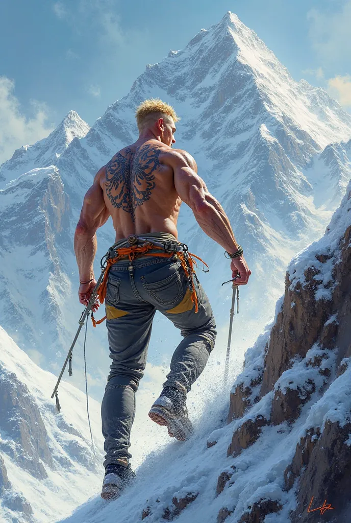 Make a blond man with his back tattooed climbing Mount Everest after a challenge