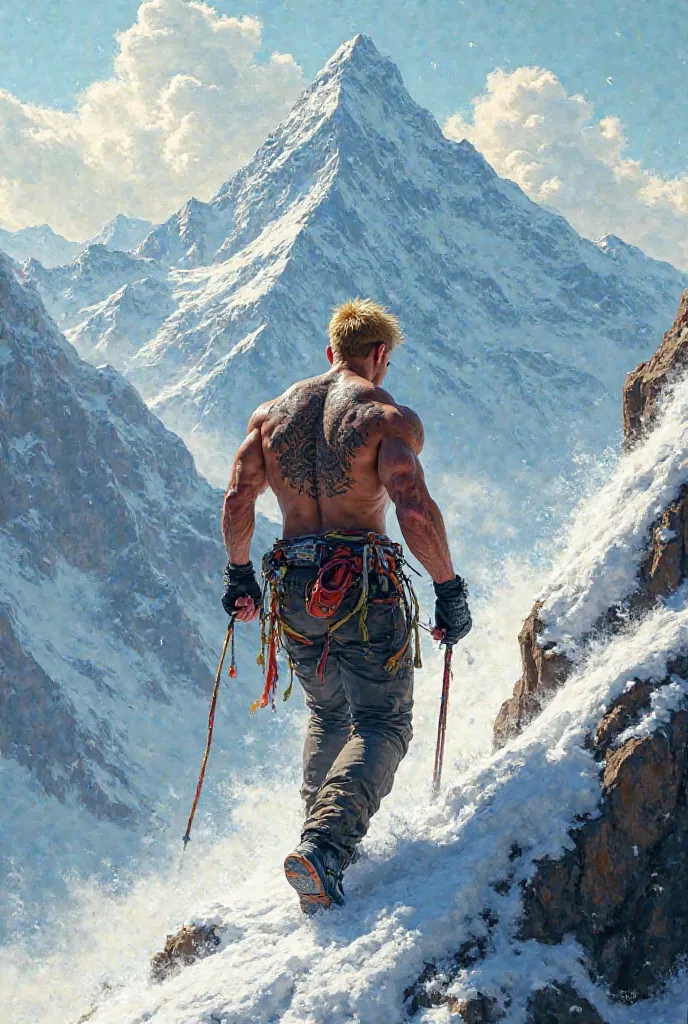 Make a blond man with his back tattooed climbing Mount Everest after a challenge