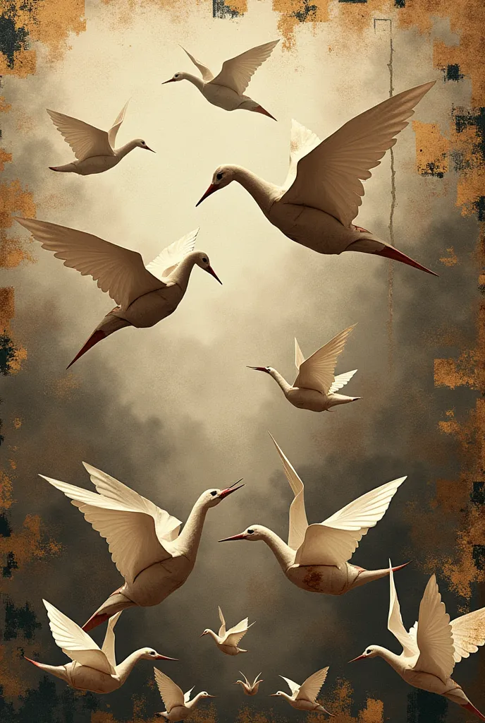 Torn Photo Collage，Flying Paper Cranes | Paper-cut Art Style --Chaos 40 | Dynamic Floating Elements，Retro filter