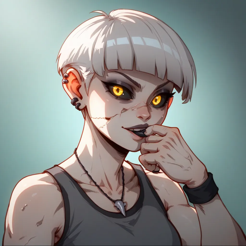 A ash pale skin goth fit girl silver white short bob long fringe hair glowing yellow eyes black,esclera,grey top,black track pants,bulging veins,black wristbands,cracks on face,jawline peeled off revealing black bone,black veins covering her whole body 