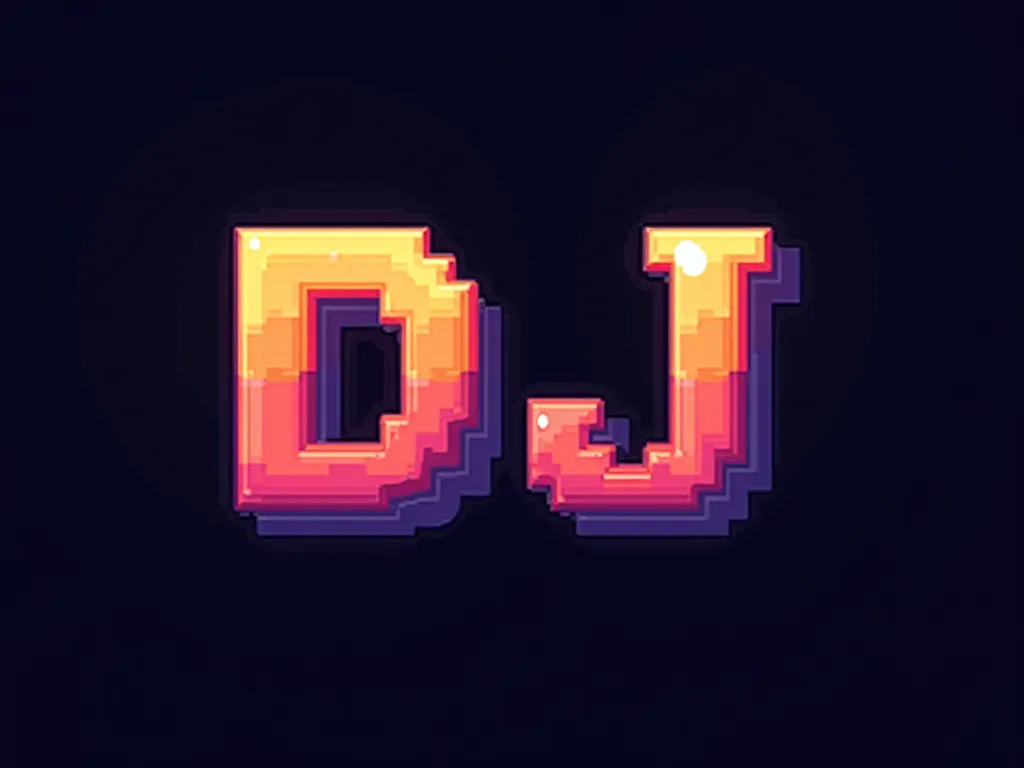 "A 16-bit pixel art style text logo that says 'D J'. The text should have a retro gaming aesthetic, with bold and colorful pixelated letters, resembling classic 90s video games. The background should be dark or a gradient to make the text pop. Ensure that ...