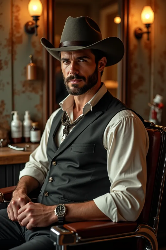 Create image of an elegant handsome man wearing a cowboy hat in a barber shop 