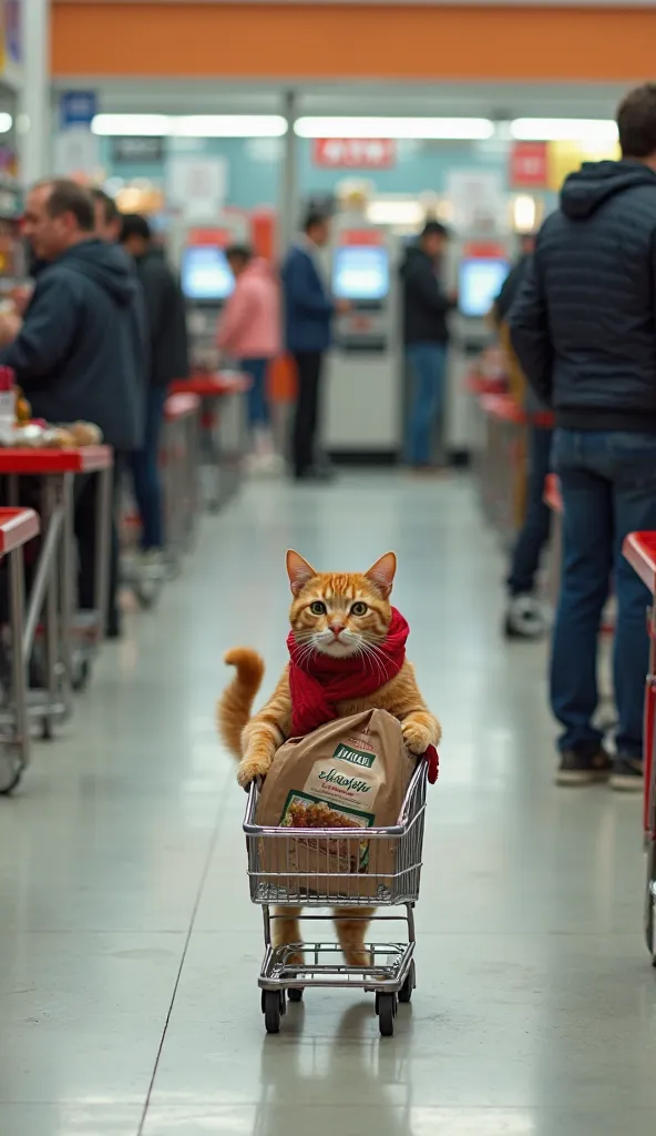 The supermarket checkout area, with several lines of customers waiting to pay for their purchases. The ATMs glow, displaying the amounts of purchases, and there are small carts and baskets scattered around the place. Some people are talking while others ar...