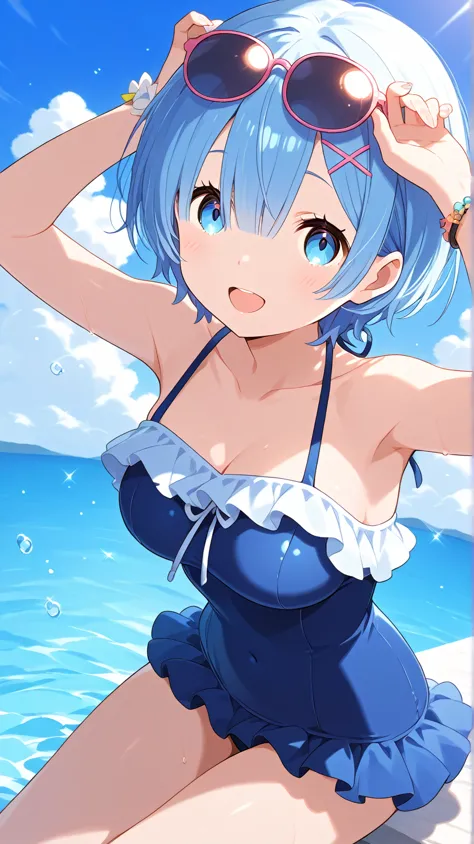 Summer Sea、blue sky、 blue swimsuit、smile、fine