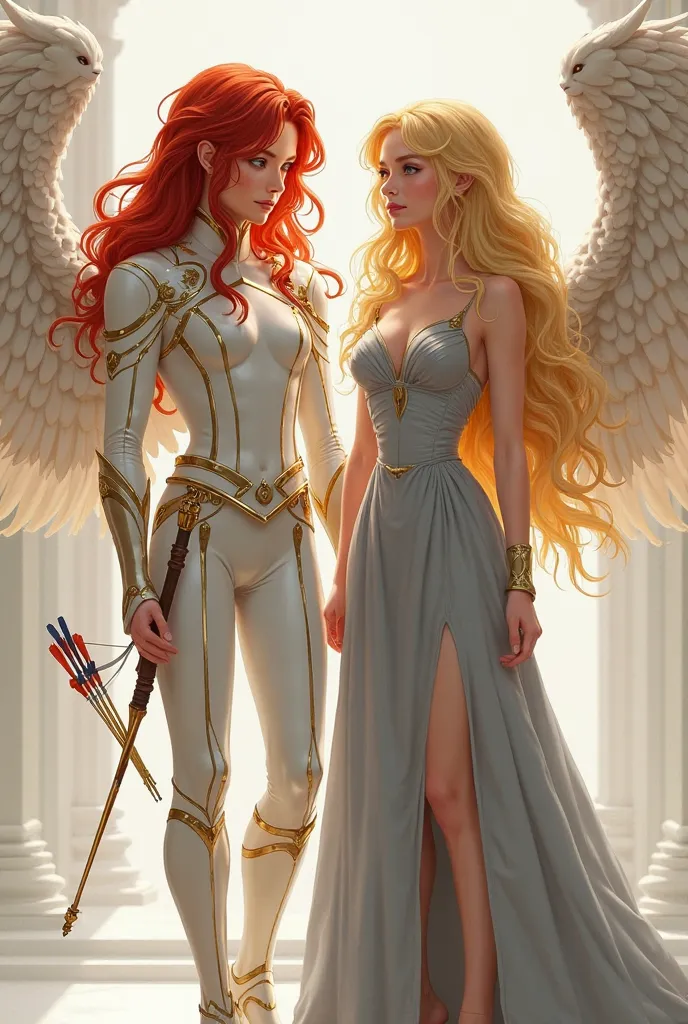 A young adult with red hair and golden eyes in an elegant white suit with gold details and majestic wings holding a bow with arrows next to a young adult with golden hair and sky-blue eyes in a gray dress that reaches her knees and with wings 