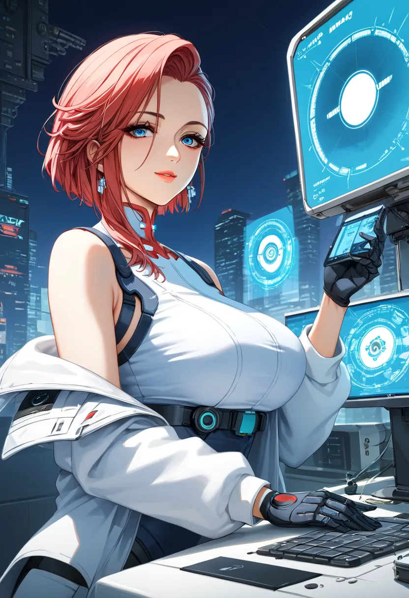 score_9, score_8, score_7,  score_You are source   _     anime, 1mature_FE,    a woman, Scarlet hair, Hair on the side, Implant cybernetics, blue eyes, white shirt,  white jacket, falda blanca,  white network media, black gloves ,  technology , Cyberpunk c...