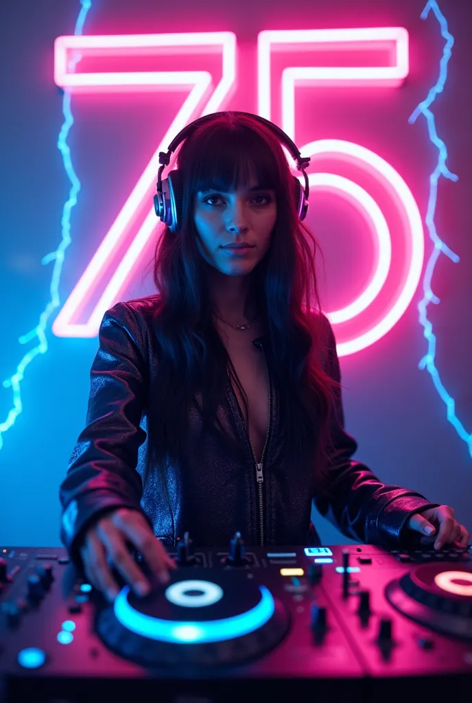 avec une femme DJ et le symbole {{PARIS}} : *"Une DJ futuriste, élégante et charismatique, se tient derrière une table de mixage high-tech entourée d'hologrammes lumineux. Elle porte un casque audio néon rose avec des lumières pulsantes et une veste cyberp...