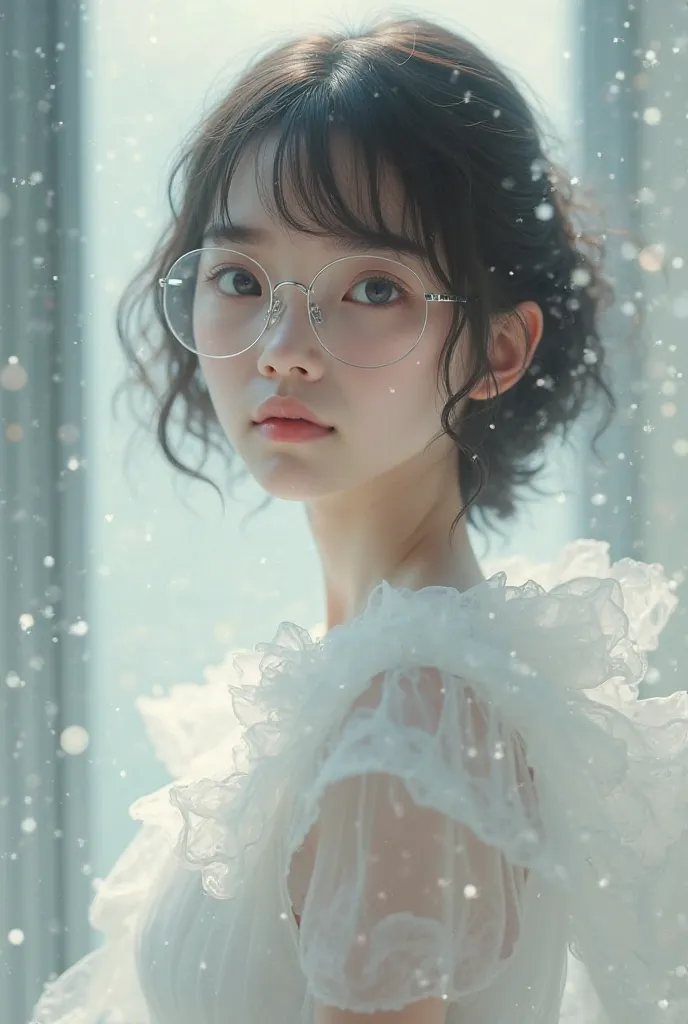 Create a pic of  girl. She wearing white school drees. His hair is short. She wearing transparent glasses