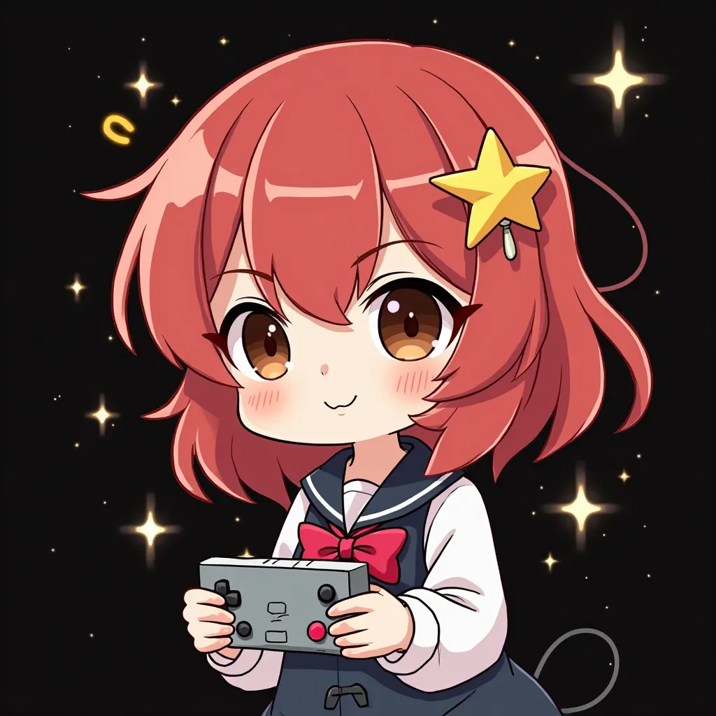 Make an image for a chibe-style profile Adorable Chibi Character with shoulder length star hair accessories and bangs full red hair color brown eyes black background with star, with a gameboy controller in hand