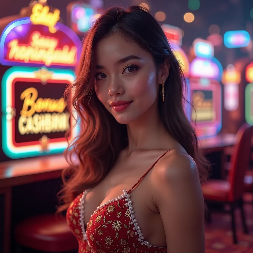 Casino game 
A beautiful girl with frame of box with text "Bonus Cashback & Rollingan Di bagikan Hari Selasa" and game is highly hitting right now high chances of winning 