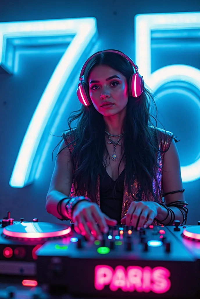 avec une femme DJ et le symbole {{PARIS}} : *"Une DJ futuriste, élégante et charismatique, se tient derrière une table de mixage high-tech entourée d'hologrammes lumineux. Elle porte un casque audio néon rose avec des lumières pulsantes et une veste cyberp...