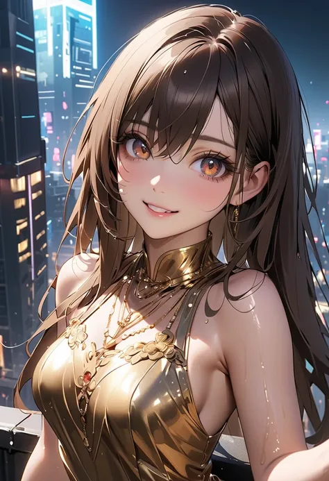  straight hair 、brown hair,((highly detailed golden sexy dress standing on the roof of a Cyber City building)), Good physique , (beautiful girl: 1.3),hidden hair,top quality,8k,Highly Detailed CG Unit Wallpaper,masterpiece:1.2,top quality, Ultra High Resol...