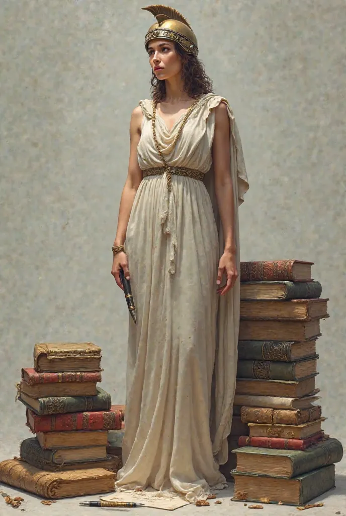 Goddess Athena in the background with stacks of books and pens and neutral background 