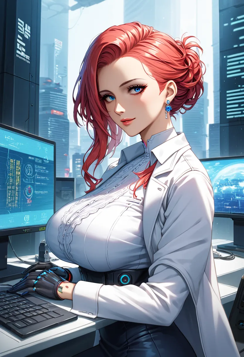 score_9, score_8, score_7,  score_You are source   _     anime, 1mature_FE,    a woman, Scarlet hair, Hair on the side, Implant cybernetics, blue eyes, white shirt,  white jacket, falda blanca,  white network media, black gloves ,  technology , Cyberpunk c...