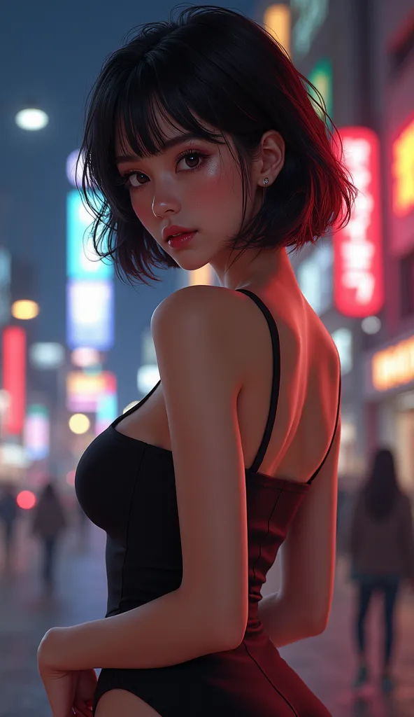 girl, Korean, 18 years old. body with generous and sexy curves, wide thighs, big butt, big breasts, average height, fair skin with light freckles on her face, short black hair with rocky highlights, very light brown eyes.
in the city at night