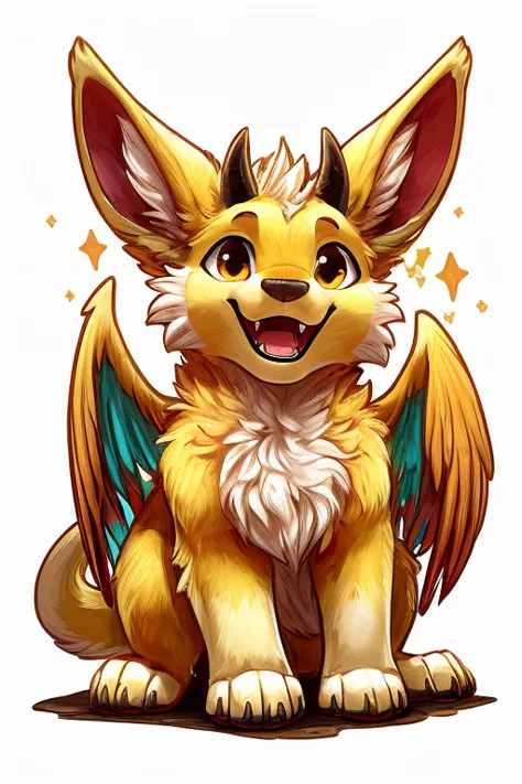 furry art, feral, furred dragon, male, white and yellow fur, wings, big ears, four ears, multiple ears, horns, tail, chest fluff, paws, fangs, stubby muzzle, tubby, happy, content, standing on all fours