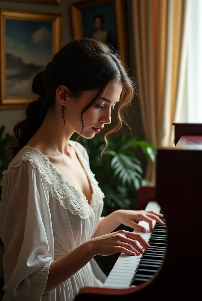 A beautiful russian girl student studying piano