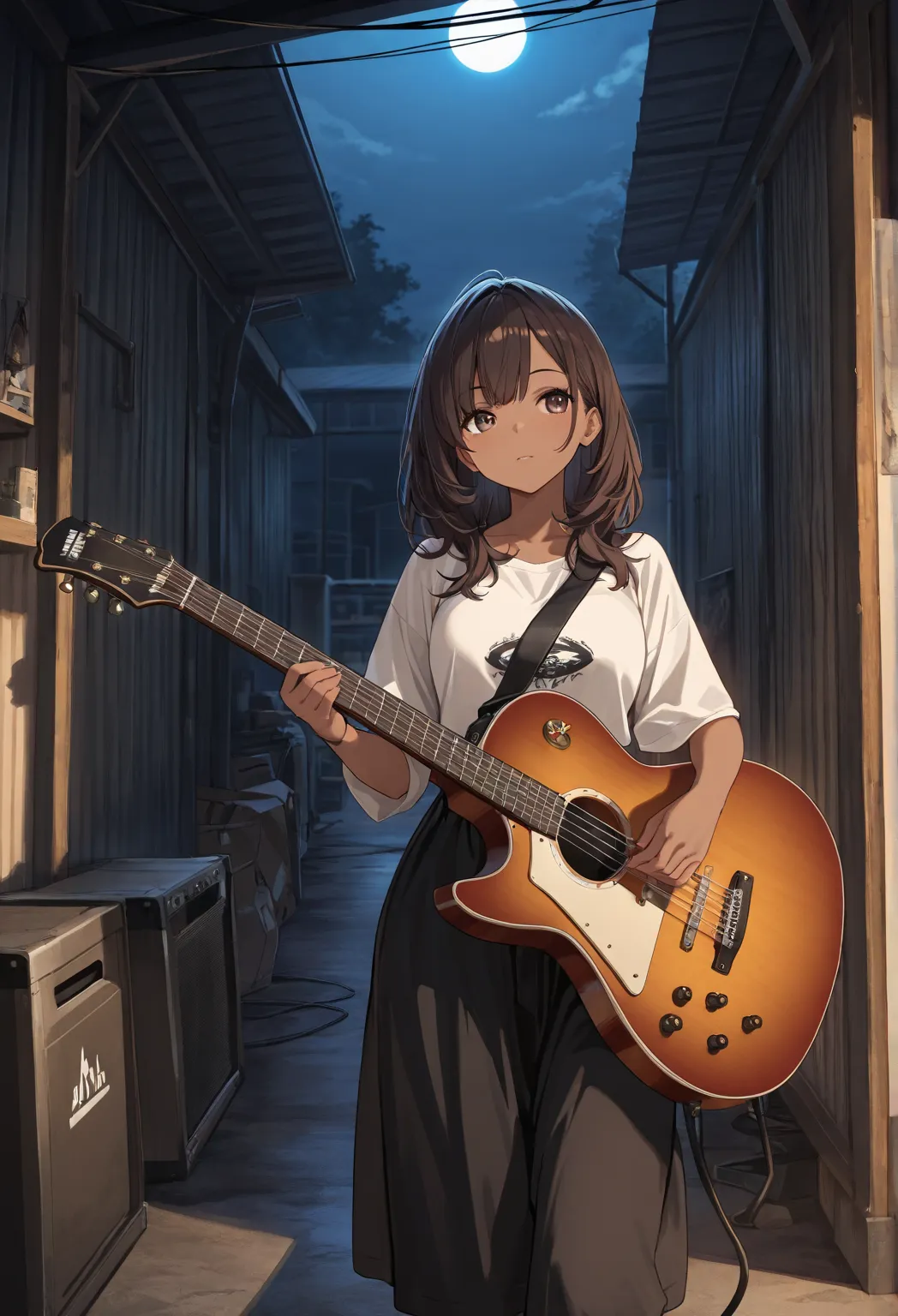 masterpiece, safe,  ( highres icon, high resolution, 8k, highest quality, best quality, masterpiece, extremely detailed ), moonlight, A rock band hanging in a garage. dark skinned Brunette girl with guitar.