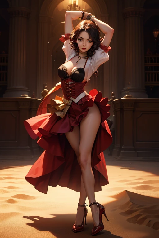 A Spanish dancer, with a red bodice with puffy sleeves,  high heel shoes, big breasts, black and curly hair, a round red skirt in the background a high wall, sand color , beautiful lighting in the dancer's skin 