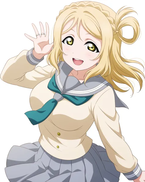 love live!, love live! school idol project, love live! sunshine!!, {{{{ohara mari}}}}, blonde hair, yellow, eyes, large breasts, {crown braid}, middle hair, {animeted}, anime colored, 1girl, anguish {{{smile}}},  background open mouth, {{{pov}}} front view...