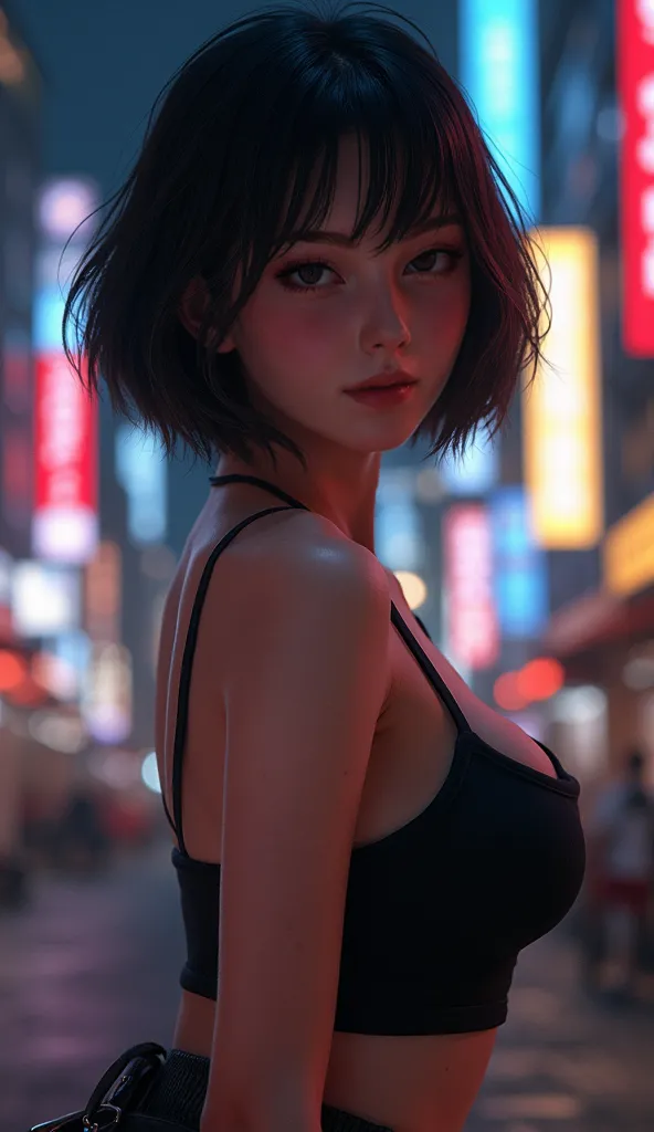 girl, Korean, 18 years old. body with generous and sexy curves, wide thighs, big butt, big breasts, average height, fair skin with light freckles on her face, short black hair with rocky highlights, very light brown eyes.
in the city at night