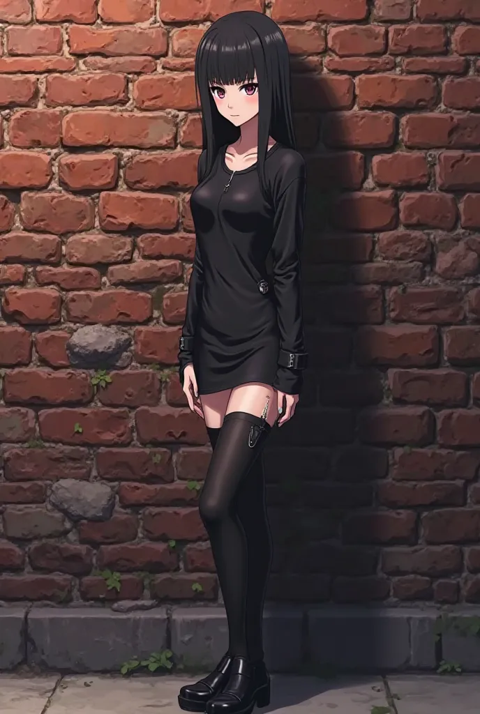 a woman standing in front of a brick wall, anime girl wearing a black dress, jill stingray, beautiful anime girl squatting, anime woman fullbody art, still from tv anime, wearing black stylish clothing, akatsuki akira, rin, succubus in tight short dress, h...