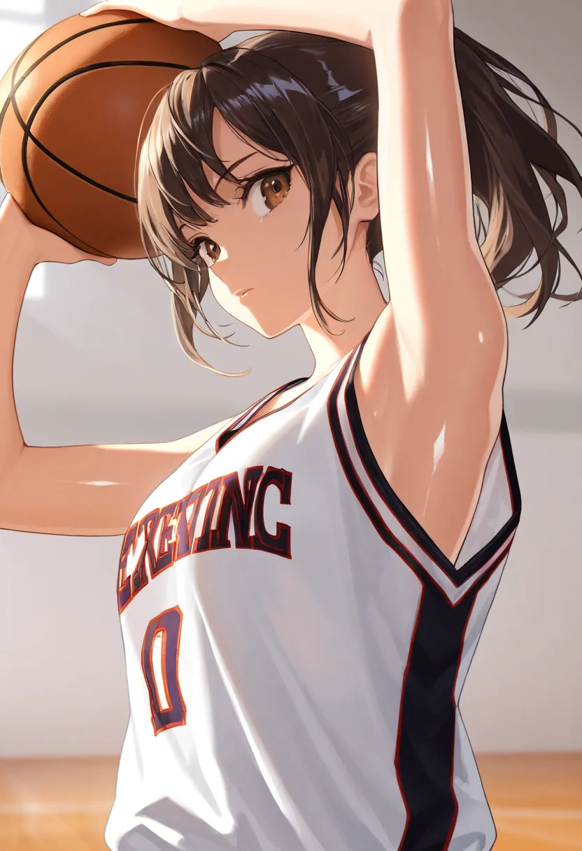  1girl,solo,extreme close up,side shot,angled shot,holding basketball,brown eyes,looking at viewer,arm up,tank top,upper body,baggy pants,shiny skin,basketball uniform,natural lighting,masterpiece,high quality