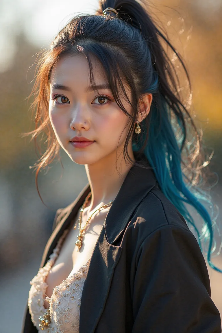 Subject Tags: photorealistic, 21-year-old female, American-Japanese, university student, extremely attractive, hourglass figure, heterochromatic eyes (amber and blue), long black hair with blue highlights, high ponytail, designer clothes

Style Tags: high ...