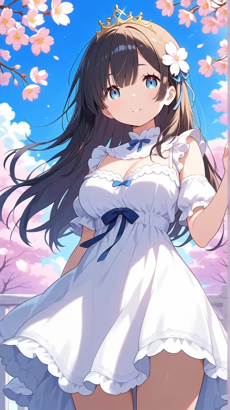 white dress、tiara、blue sky、cloud、cherry blossoms