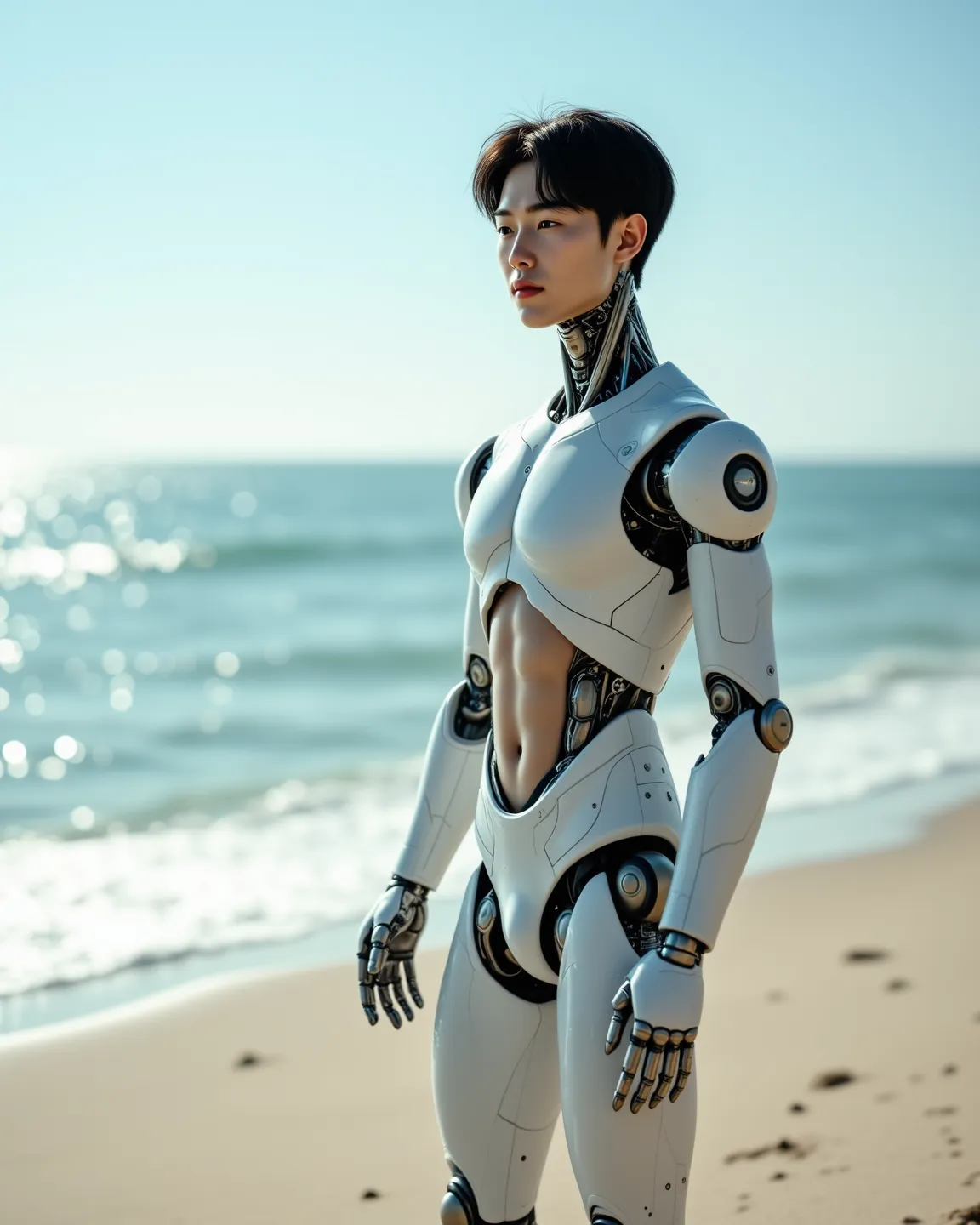 HIGH QUALITY EXQUISITE BIOMIC ROBOT,Ultra-realistic artificial intelligence simulation robot with Korean male star-like appearance,showing human-like abs、pectoralis and five toes,Human Skin ,Beach Scene,Super Realistic,4k HD,HDR,Professional Studio Shot, l...