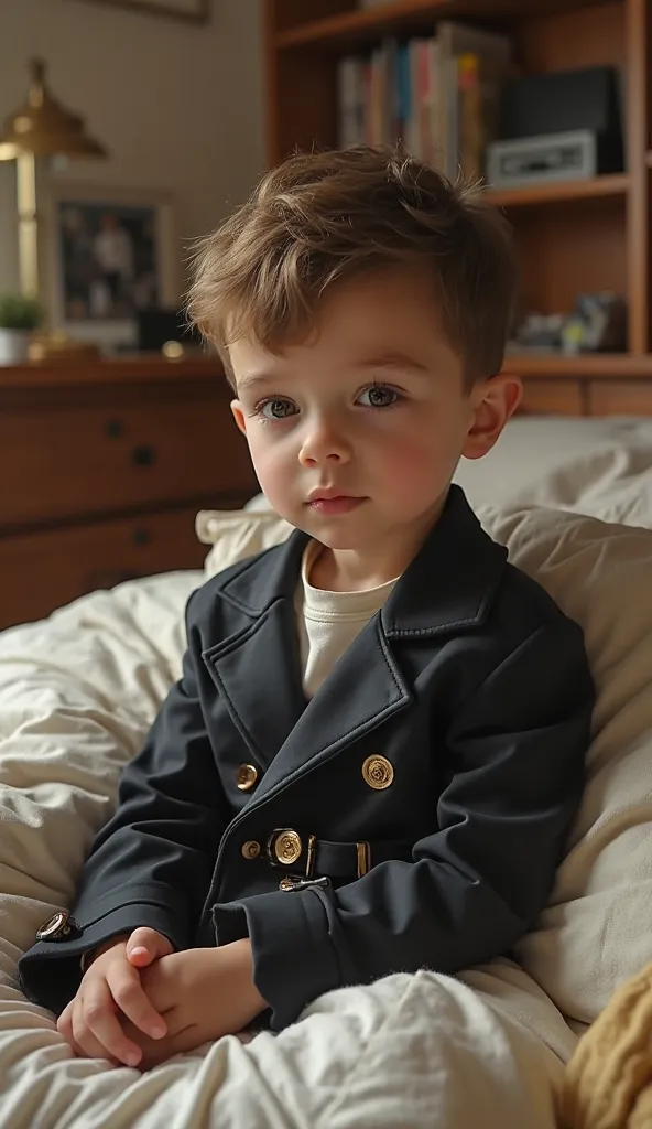 A baby real boy wearing margiela belt jacket sitting  in s bedroom full view 