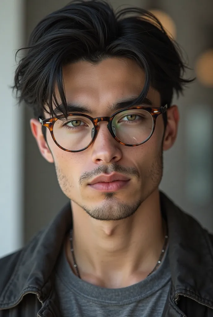 Handsome man with black hair, fair skin,  gray eyes,  Chiseled Jaw,  straight nose, full lips, and tortoiseshell glasses. He wears a gray Henley shirt and a jacket. He looks like a young and attractive teacher. Photorealistic. 