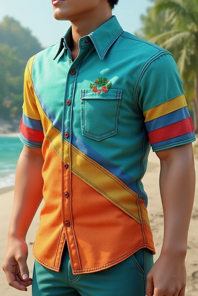 create a 3d shirt for a travel agency with different shades of aquamarine and faded orange and that has the Venezuelan flag blurred on the right sleeve 