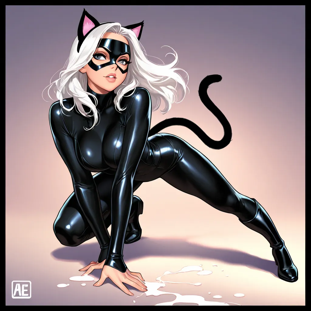 Digital illustration of a heroine named Black Cat from the Marvel universe . She is a 25-year-old beautiful seductive woman,  measures 1.70 meters and she has a sexy body,  athletic and slender ,  with big breasts. has white hair, long, fluid and soft; her...