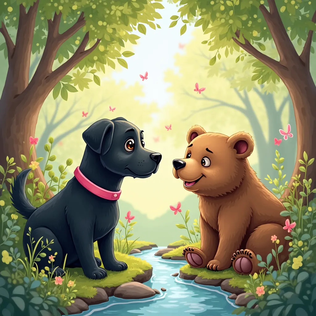 Create an illustration of a black Labrador with a pink collar meeting a brown happy bear  for a s picture book and create it like you are an award winning s book illustrator 