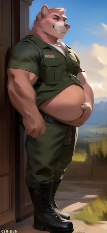  alone,  man big tall giant ,posture, stranding Military discipline,In the stomach.,pink bear ,black Green military Army uniform sergeant​,  Wearing Boots ,  Overweight ,  Muscle ,  smirking evil , by chunie 