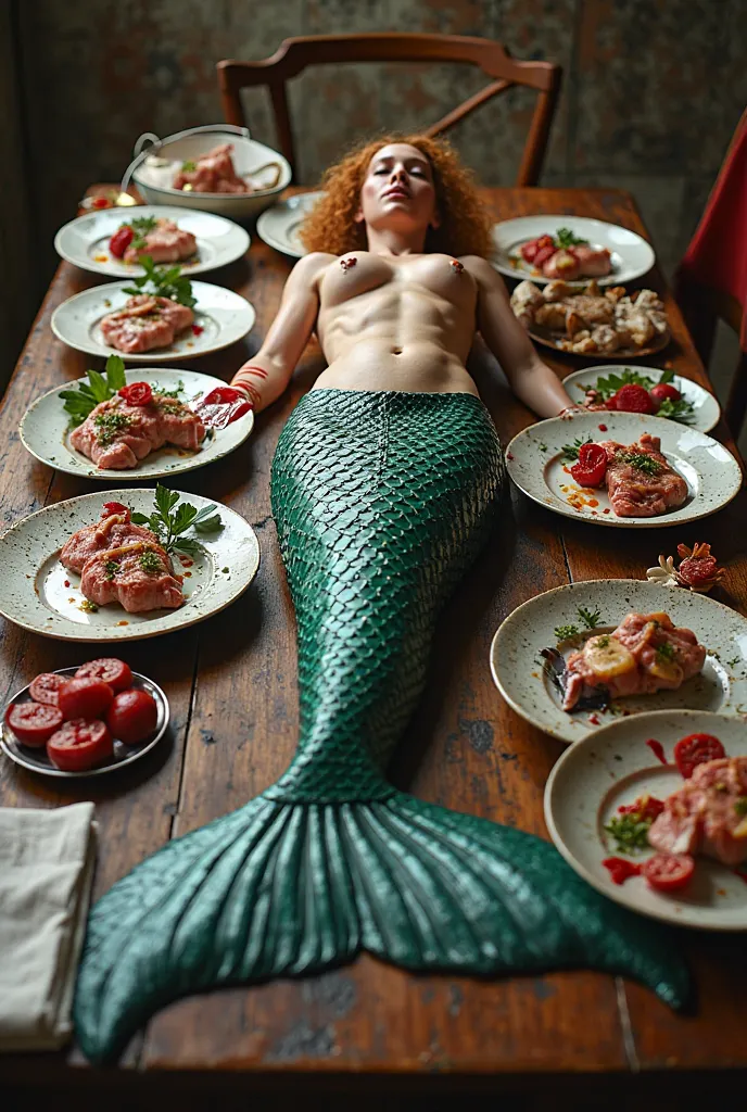 Make images of a banquet table, with a dead mermaid in the center, with the hips up intact, the syrup sliced into several pieces in gourmet dishes that are made from mermaid meat, And the tip of the severed tail adorned with plenty of blood on her sliced t...