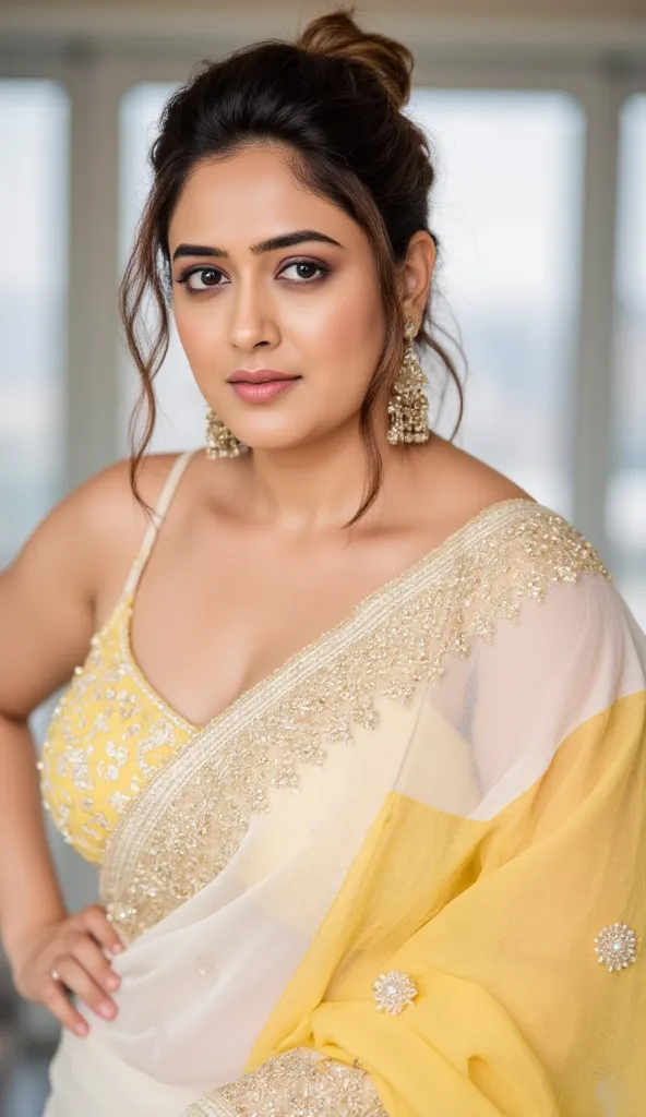 arafed slightly curvy woman in a glittering white and yellow embroidery strapless saree with Navel exposed,,standing frontal facing showing front part looking straight to camera,Natasha nice, Angela white,voluptuous and arousing,milky white skin shiny body...