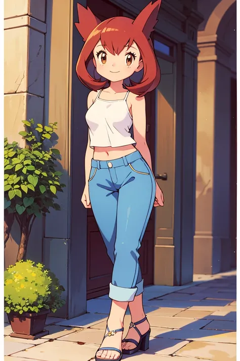 masterpiece, best quality, ultra-detailed, illustration, beautiful detailed eyes, very detailed illustration, cinematic lighting, 1 girl, solo, Pokemon Heroes (Bianca), Brown Hair, brown eyes, 1 girl, solo, sleeveless, collarbone, red midriff shirt, blue c...