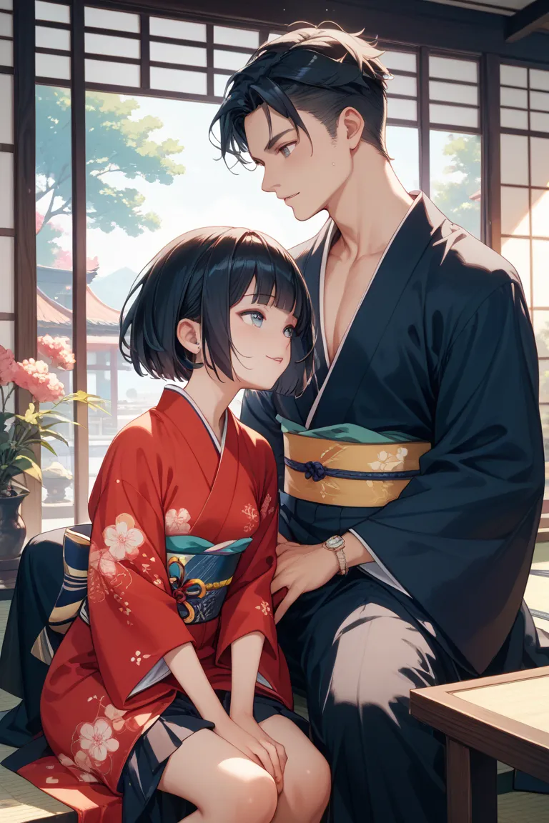 woman、 black hair bob hair、 kimono、 small breasts、 love each other、 male、Hands Between Legs、Trance