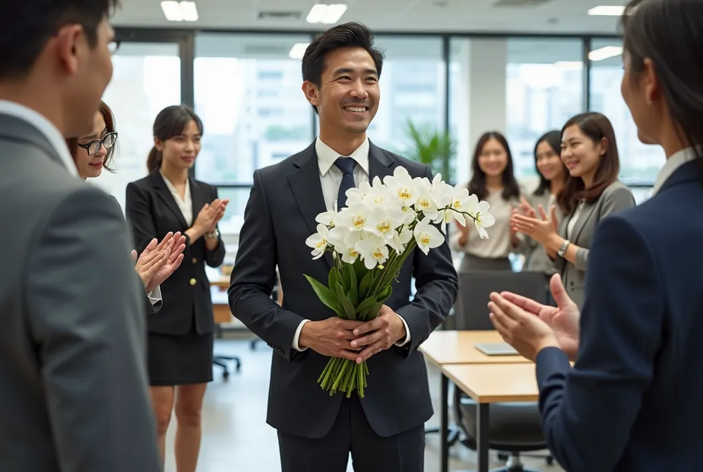 A realistic photograph of a Japanese man in his 30s being celebrated by his colleagues in a modern office after his promotion. He is dressed in a well-tailored suit with a neatly knotted tie, smiling as he receives a beautiful bouquet of white Phalaenopsis...