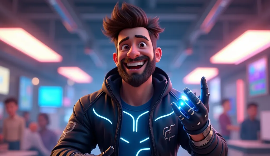 An animated 3D character with a vibrant and cinematic style, inspired by the animation of *Pixar*, with detailed textures and soft and warm lighting. mark, a charismatic young man with a full beard, voluminous dark brown hair brushed upwards and expressive...