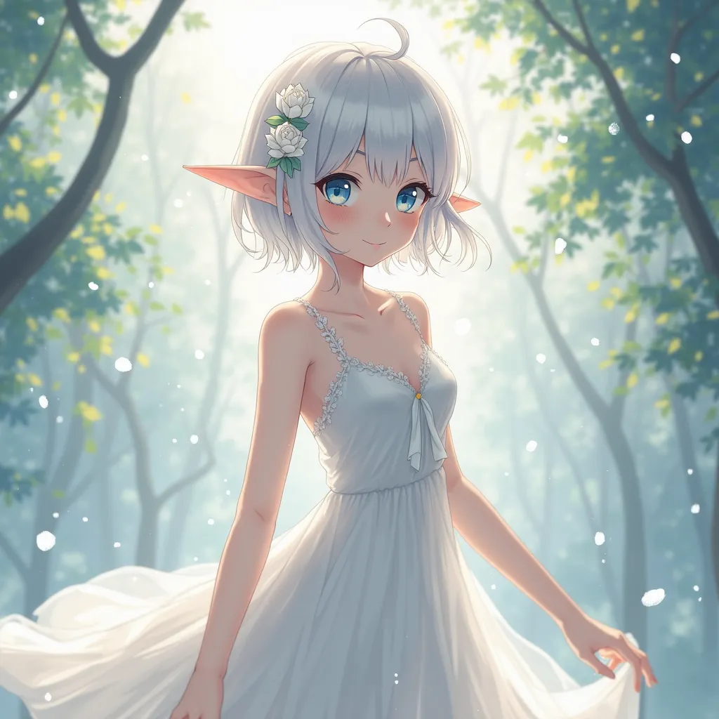 1 Elf Girl, adult female, anime, small breasts, white hair, short hair, blue eyes, white Greece dress, translucent dress, hair flower accessory