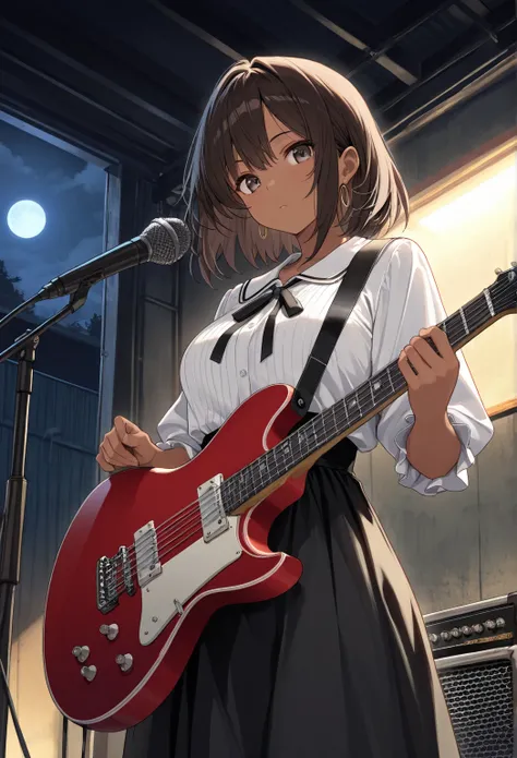 masterpiece, safe,  ( highres icon, high resolution, 8k, highest quality, best quality, masterpiece, extremely detailed ), moonlight, A rock band hanging in a garage. A tall dark skinned Brunette girl with a electric guitar. She wears elegant clothes.