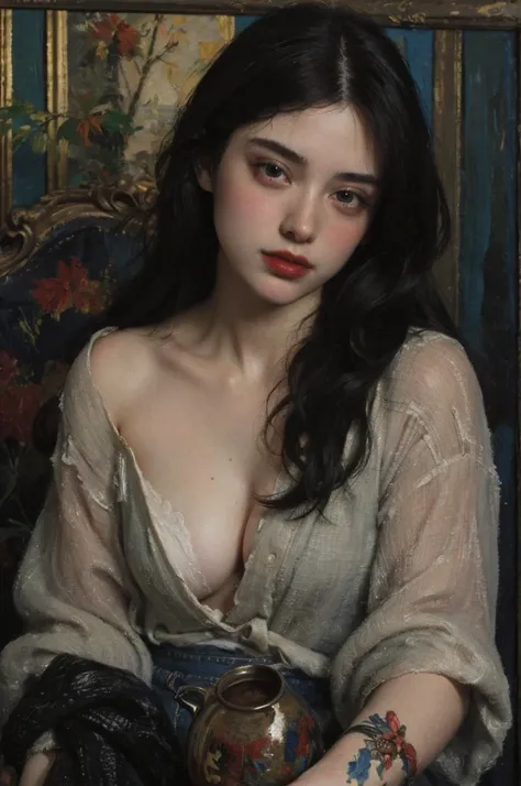 (Oil painting: 1.5),

\\

A woman with long black hair, (a detailed painting: 0.353), (Gothic art: 0.106)