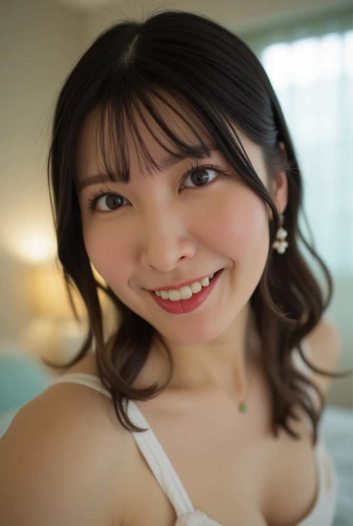  fisheye lenses 、 Japanese woman with dildos 、 looking at me in underwear 、 smelling of wet tissues 。 has a beautiful face of a woman in her 40s .。 face conscious of men 。white underwear。 Naked from the waist up 。her hair is long and straight、 he has strai...